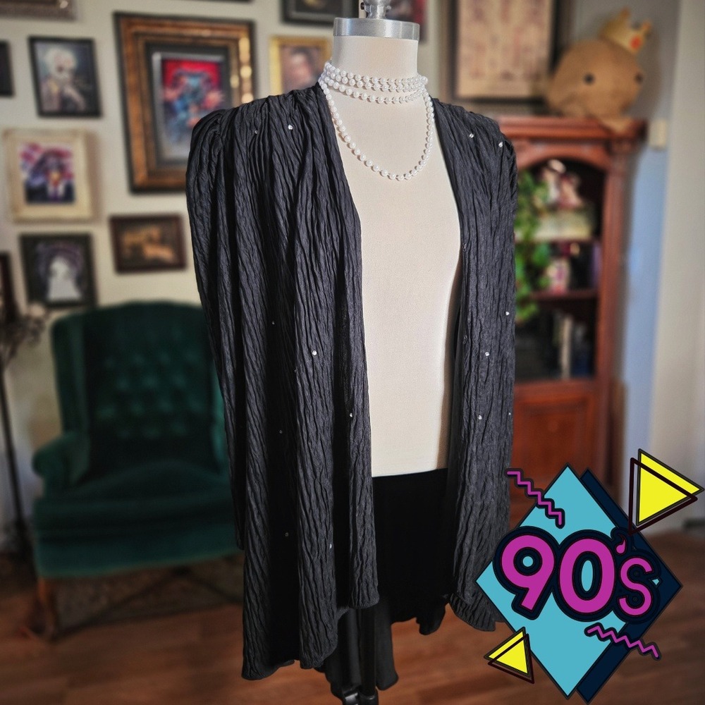 Vintage 90s David Rose Black Crinkle Rhinestone Cardigan Jacket Made in USA